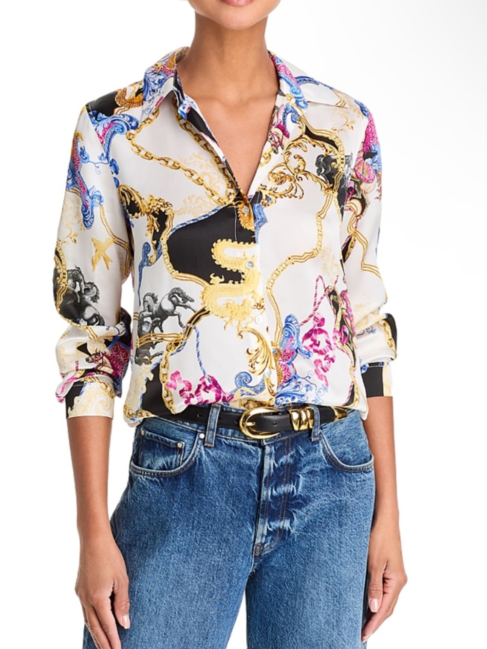 L’Agence Tyler Fantasy Long Sleeve Button Blouse in White, Black, & Renaissance - Picture 6 of 12